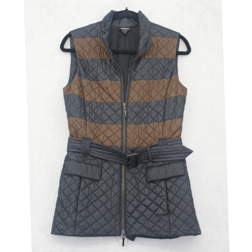 WORTH New York Vest Womens 4 Quilted Belted Long Brown Black Colorblock Zip
